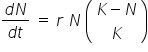 fraction numerator d N over denominator d t end fraction space equals space r space N space open parentheses table row cell K minus N end cell row K end table close parentheses